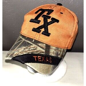 Texas Ball Cap Burnt Orange Crown w/ Camo Print on Bill Adjustable Closure